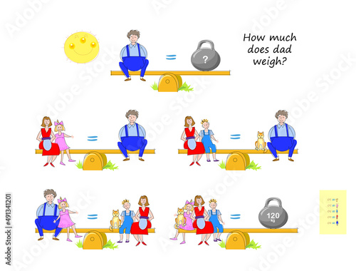 Mathematical logic puzzle game for smartest. How much does dad weigh? Count and solve. Find solution for all equations. Brain teaser book. Developing counting skills. Online education. Vector cartoon.