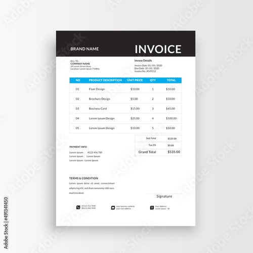 clean and minimalist business invoice template vector format, sales receipt voucher