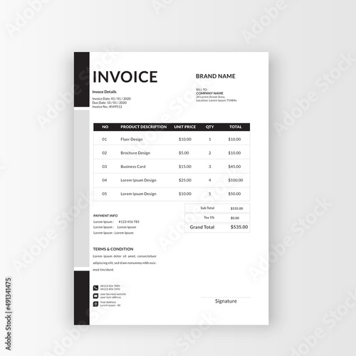 clean and minimalist business invoice template vector format, sales receipt voucher