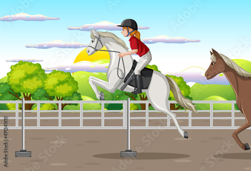 A girl riding on a horse at racecourse scene