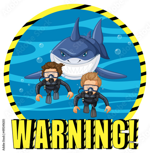 A Marine logo with big blue shark and warning text
