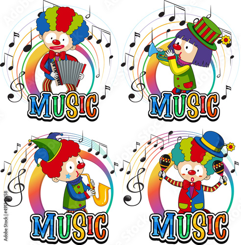 Set happy clown playing musical instruments with music notes on white background