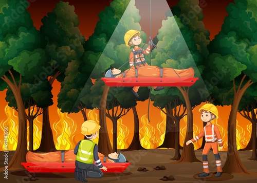 Wildfire scene with firerman rescue in cartoon style