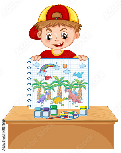 A boy holding notebook with a doodle sketch design on white background