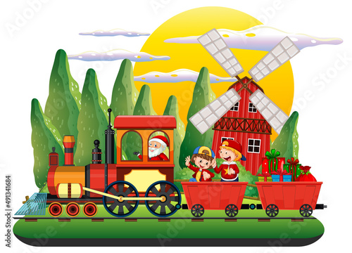 A kids in a train with natural scene farm scene