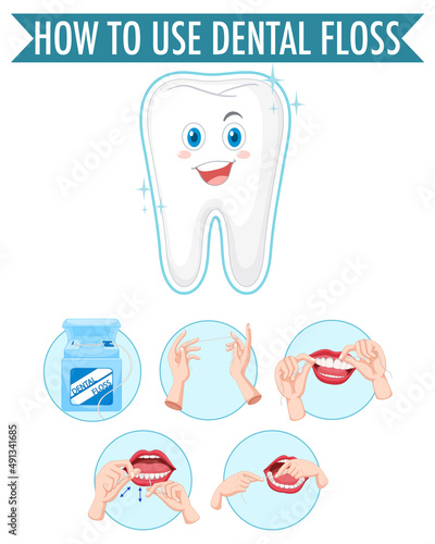 Clean tooth and process of flossing on white background