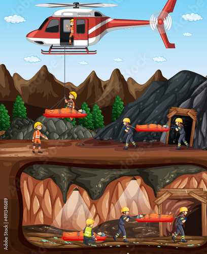 Underground scene with firerman rescue in cartoon style