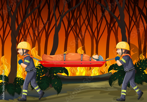Wildfire scene with firerman rescue in cartoon style