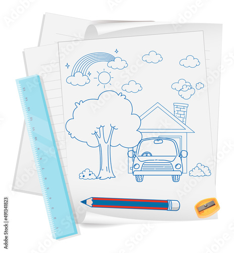 A paper with a doodle sketch design and pencil