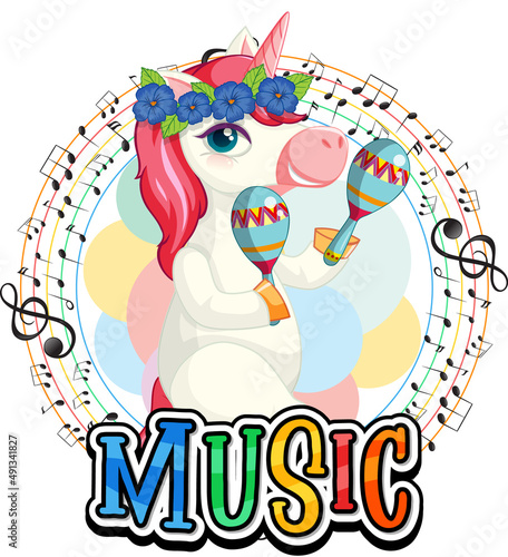 Cute pink unicorn shaking maracas with music notes on white background.