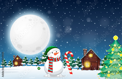 Snowy winter night with Christmas snowman