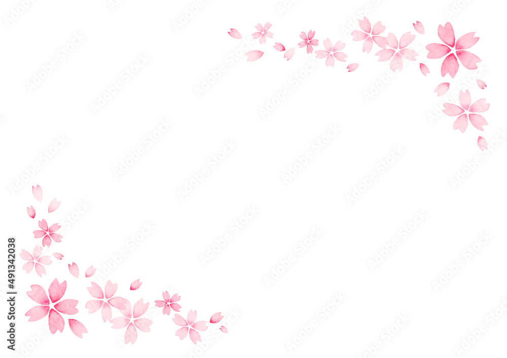 桜の花びらのフレーム　水彩　手書き　コピースペース　テンプレート　白背景　水彩絵具　シンプル