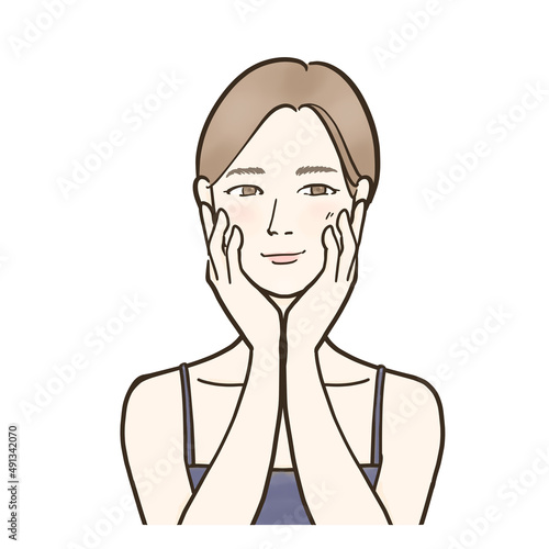 はにかんだ表情で頬に手を当てる女性のイラスト