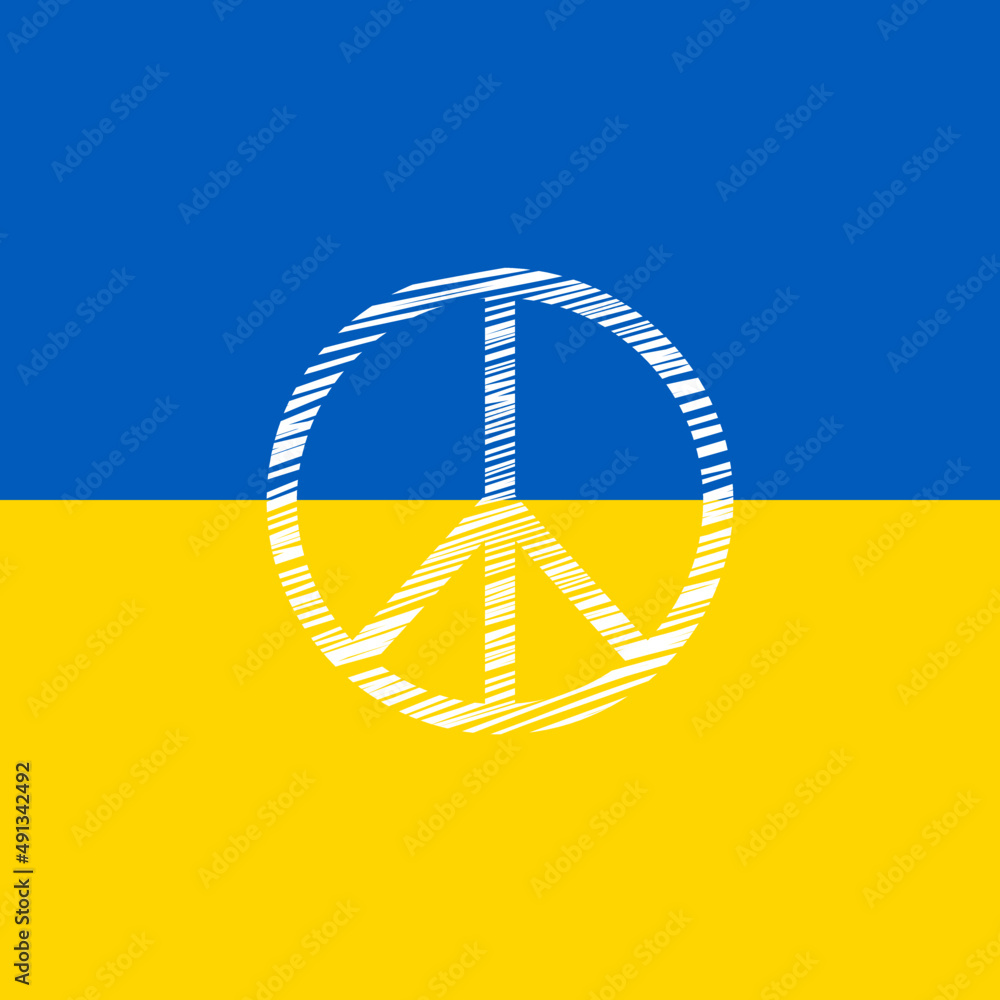 Ukraińska flaga i biała pacyfa. Symbol pokoju na tle flagi. Powiedz "NIE" wojnie. Modlitwa za Ukrainę. - obrazy, fototapety, plakaty 