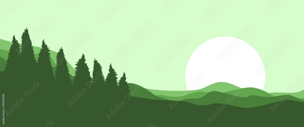 Green pine forest in the wildlife scenery vector illustration, good for illustration, desktop background, nature banner, adventure banner, game asset background.