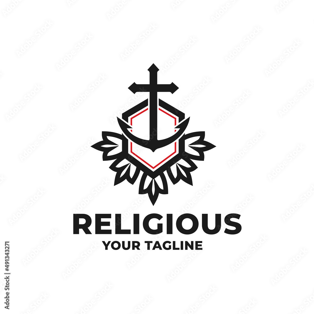Anchor and shield logo, church symbol, cross, flower, template, religious design illustration Anchor and shield logo, church symbol, cross, flower, template, religious design illustration