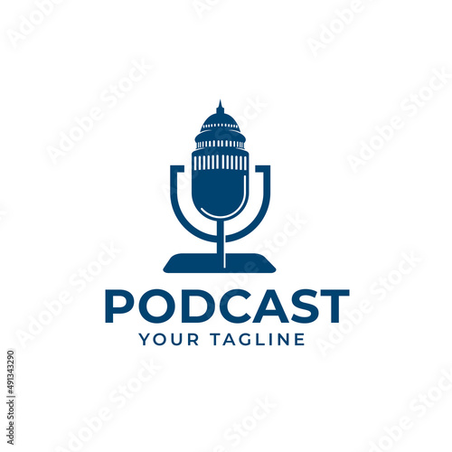 Podcast Logo United States Capitol building icon in Washington DC, podcast microphone forming a city silhouette illustration
