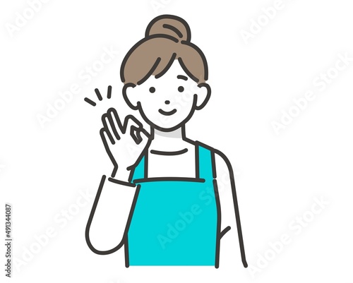 OKマークをするエプロンを付けた主婦(保育士、家事代行)のベクターイラスト素材／家事／セット