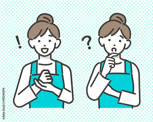疑問に思ったり解決するエプロンを付けた主婦(保育士、家事代行)のベクターイラスト素材／家事／セット