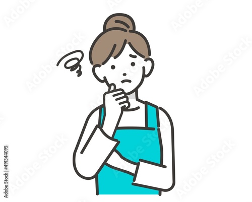 悩み事があるエプロンを付けた主婦(保育士、家事代行)のベクターイラスト素材／家事／セット