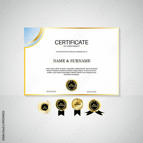 Award certificate landscape template, gold and blue colors. Clean modern certificate with gold badge. Certificate border template with modern luxury line pattern. Diploma vector template