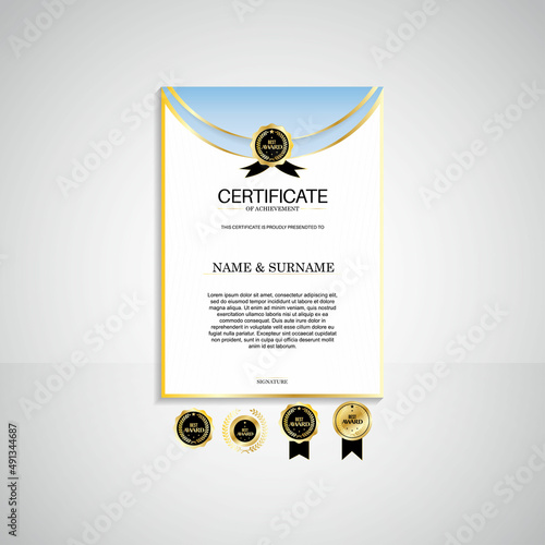 Award portrait certificate template, gold and blue colors. Clean modern certificate with gold badge. Certificate border template with modern luxury line pattern. Diploma vector template