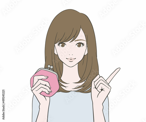 財布を持ち、人差し指を立てる女性