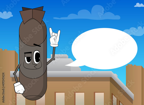 Bomb with hands in rocker pose. Missile, explosive as funny cartoon character. War, Military concept.