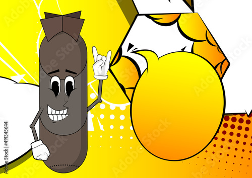 Bomb with hands in rocker pose. Missile, explosive as funny cartoon character. War, Military concept.