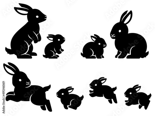 うさぎの親子のシルエットイラストセット