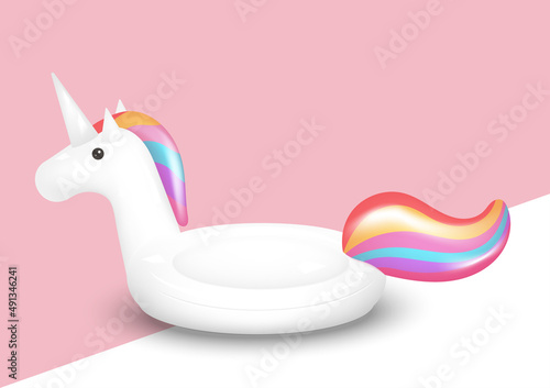 Unicorn inflatable or toy pool float for summer decorative. 3d cute cartoon design. Vector illustration.