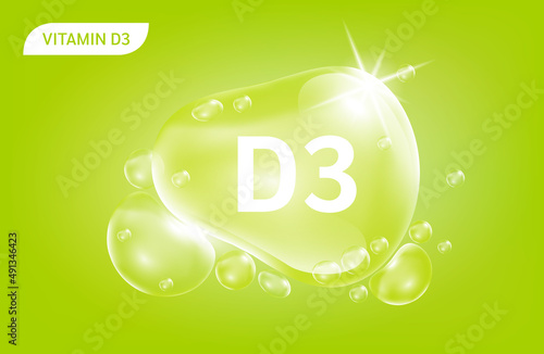 Serum collagen vitamin D3, Green drop water. Vitamin complex with Chemical formula from nature. Beauty treatment nutrition skin care design. Medical and scientific concepts. 3D Realistic Vector.