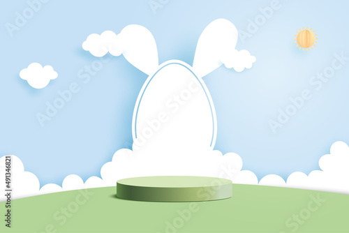 Happy Easter background.Paper art of easter eggs and rabbit with cloud shape on blue sky background.Product display podium mockup, Banner template design.Vector illustration.