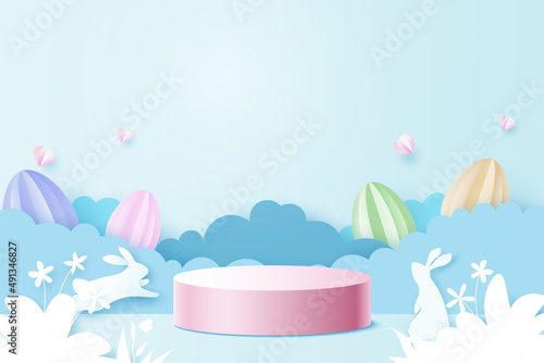 Happy Easter background.Paper art of easter eggs and rabbit with cloud on blue sky background.Product display podium mockup, Banner template design.Vector illustration.
