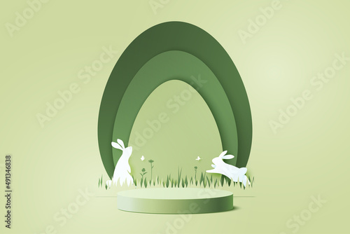 Happy Easter background.Paper art of easter eggs and rabbit with egg shape.Product display podium mockup, Banner template design.Vector illustration.