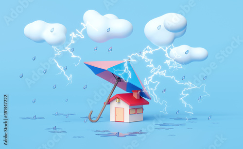 house with umbrella, cloud, drop rain water, thunder isolated on blue background. protection and security concept, 3d illustration, 3d render