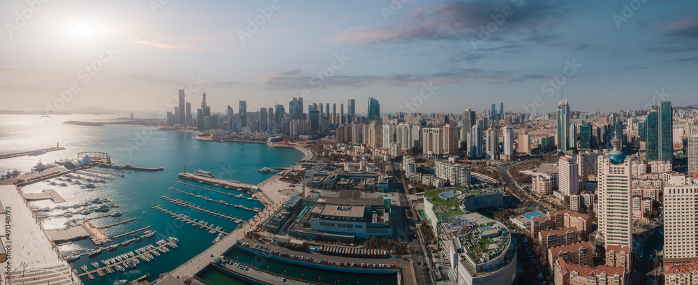 Fototapeta premium Aerial photography of Qingdao coastline Olympic Sailing Center panoramic large format