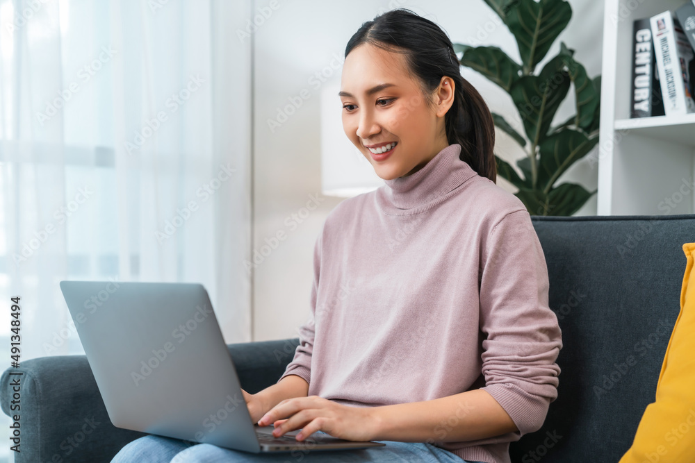 Young cheerful woman sitting on sofa and using laptop computer at home. Young cheerful woman sitting on sofa and using laptop computer at home.