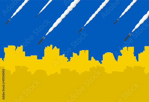 Stop war in Ukraine. Destroyed cityscape on a ukrainian flag background. Russian missiles strike buildings. Flat vector illustration poster template.