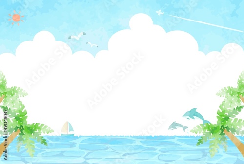 綺麗な水彩の海の背景イラスト