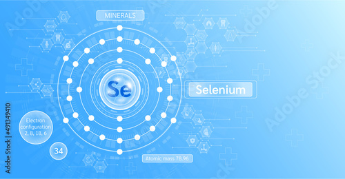 Minerals selenium and Vitamin capsule. Symbol and electron diagram and atomic number. Chemical element of periodic table. Science icon pattern medical innovation. Blue background vector EPS10. photo