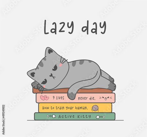 cute bored and lazy kitty cat lying down on stacked books, kawaii animal pet cartoon drawing illustration vector