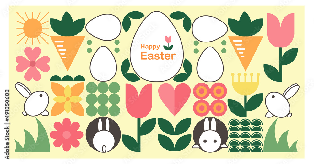 Happy Easter. Easter eggs, rabbits, flowers, carrots. Modern geometric abstract style. Perfect for a poster, cover or postcard.