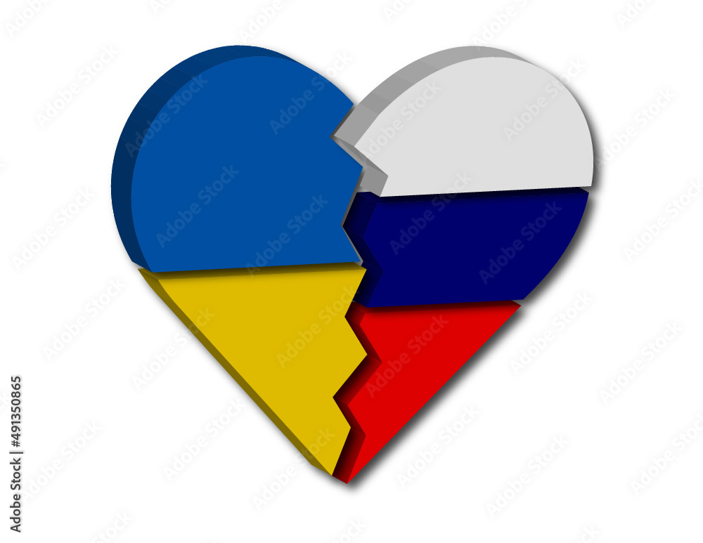 A heart split into two halves in the colors of the Ukrainian blue-yellow flag and the Russian white-blue-red flag. Vector illustration. A heart split into two halves in the colors of the Ukrainian blue-yellow flag and the Russian white-blue-red flag. Vector illustration.