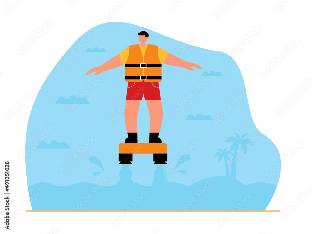 Play activities on the beach. A man playing flyboard on the beach. Beach vector illustration.