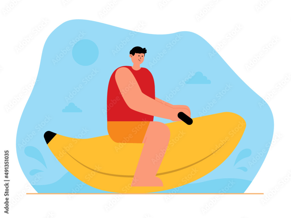 Beach holiday activities. Man riding a banana boat. Beach vector illustration.