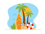 Summer vacation concept. Surfboard, goggles, swimming tires.Beach background with coconut trees. Beach vector illustration.