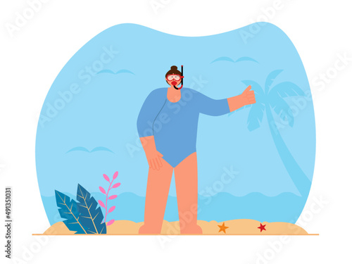 A woman wearing a swimsuit and diving goggles ready to dive. Beach holiday activities. Beach vector illustration.