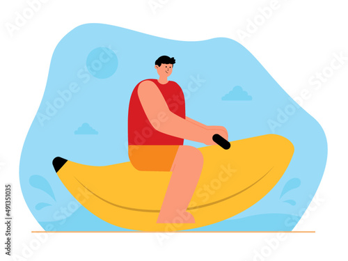 Beach holiday activities. Man riding a banana boat. Beach vector illustration.