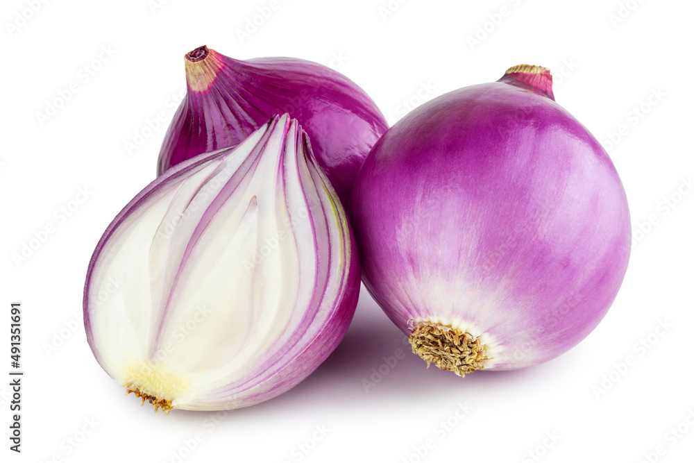 Peeled purple onion or red onion bulbs, in whole and cut lengthwise in